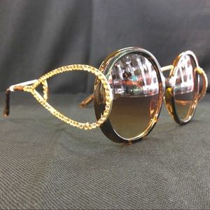 Round Brown Tortoiseshell Sunglasses Gold Crystals
